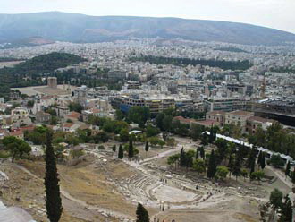 View from Acropolis (Dionysos theatre and further the Temple of Olympian Zeus)